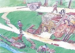 Reproducción de carácter didáctico, que muestra las distintas labores de extracción, amasado, secado, cocción y transporte de material que se realizaban en un tejera./