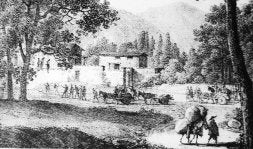 'A Mondragón. Route de Burgos', de Bacler d'Albe y G. Engelmann. Detalle de la primera mitad del siglo XIX. Nótese la presencia de tres ahorcados en el árbol./