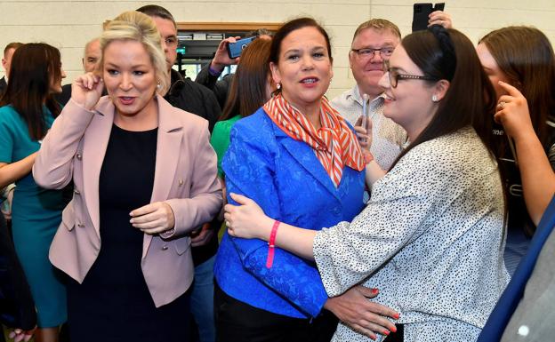 Michelle O'Neill (left) and Sinn Féin leader Mary Louise McDonald celebrate the results of the Northern Ireland election on Saturday.