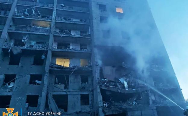 The first missile has destroyed a nine-story apartment building 