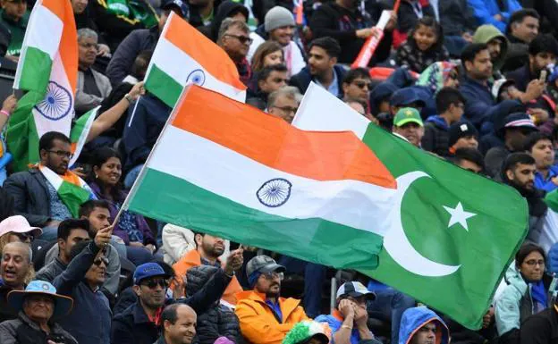 Indian and Pakistani fans during a Cricket World Cup match between the two countries at Old Trafford, Manchester, in 2019