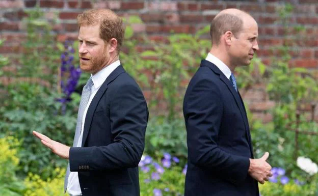Prince Harry and Prince William at the unveiling of a statue of their mother, Princess Diana (2021).