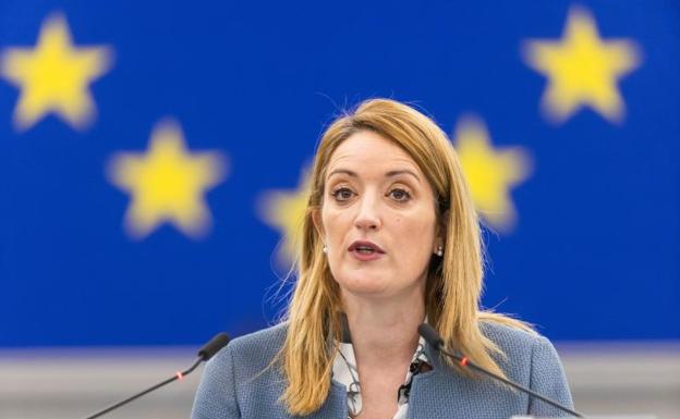 The President of the European Parliament, Roberta Metsola, during a plenary session. 